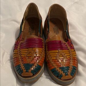 Handwoven Multicolor Leather Huarache Flats - Teal, Pink, Mustard
